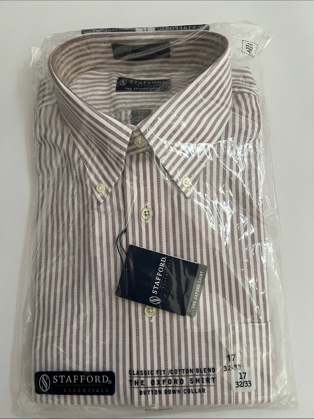 Stafford Men’s Burgundy and White Striped Oxford Long Sleeve 17 32/33 NEW